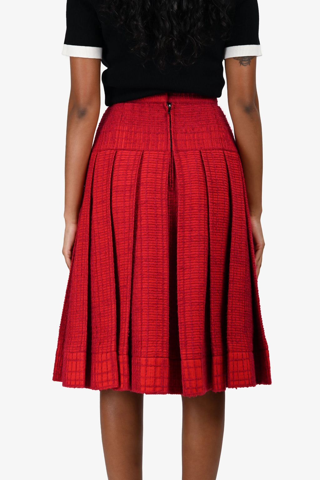 Pre-Loved Chanel™ Red Tweed Logo Pleated Mini Skirt Size 34