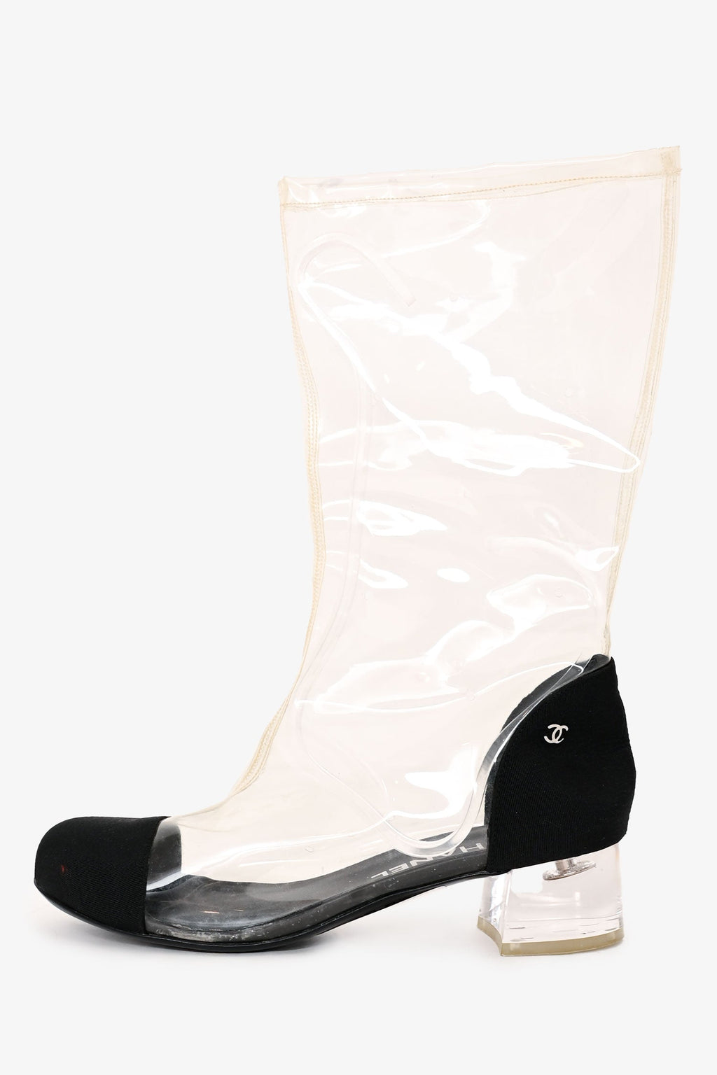Pre-Loved Chanel™ 2018 Black/Transparent PVC Interlocking CC Boots Size 37
