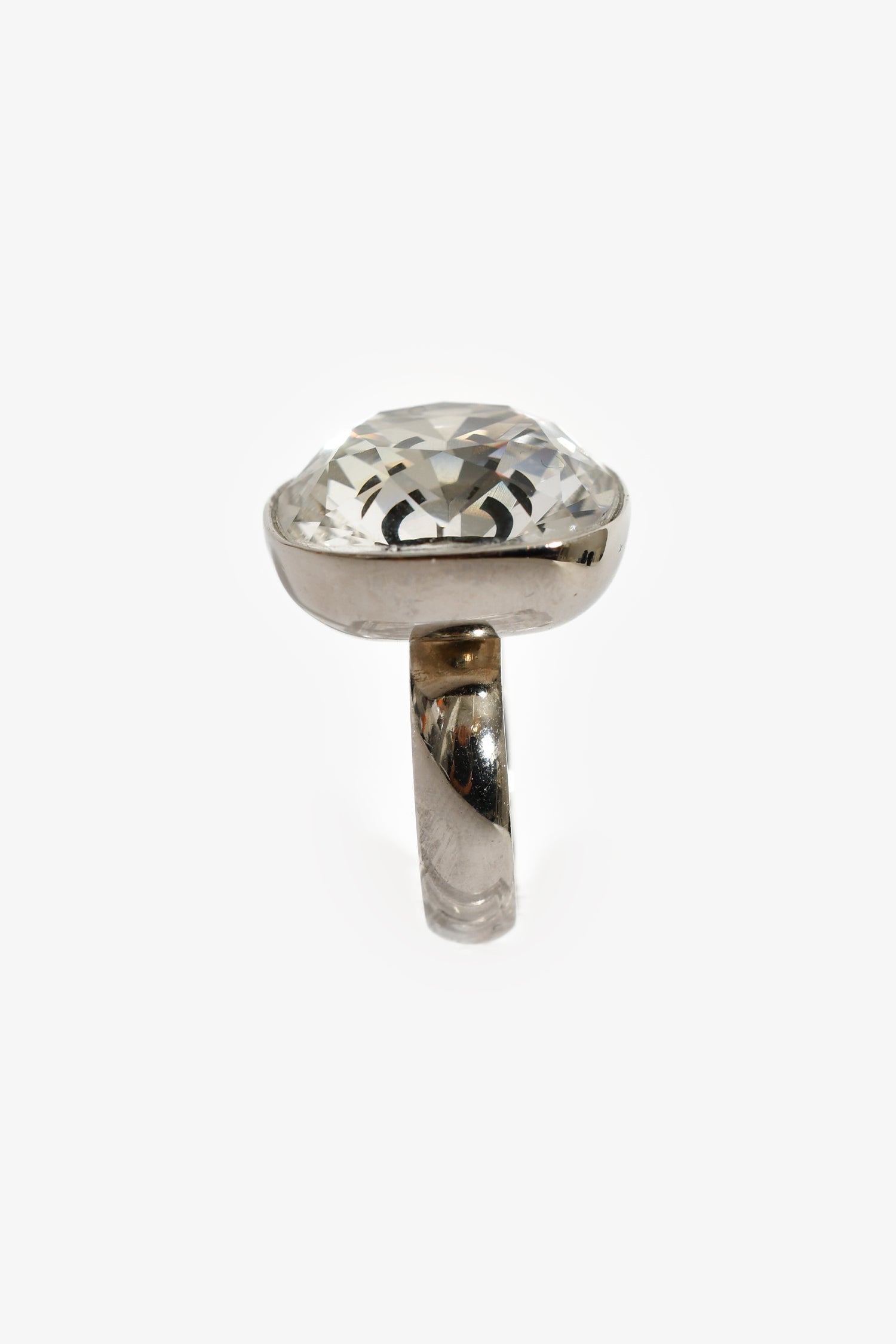 Pre-Loved Chanel™ 2017 Silver Toned CC Crystal Cocktail Ring