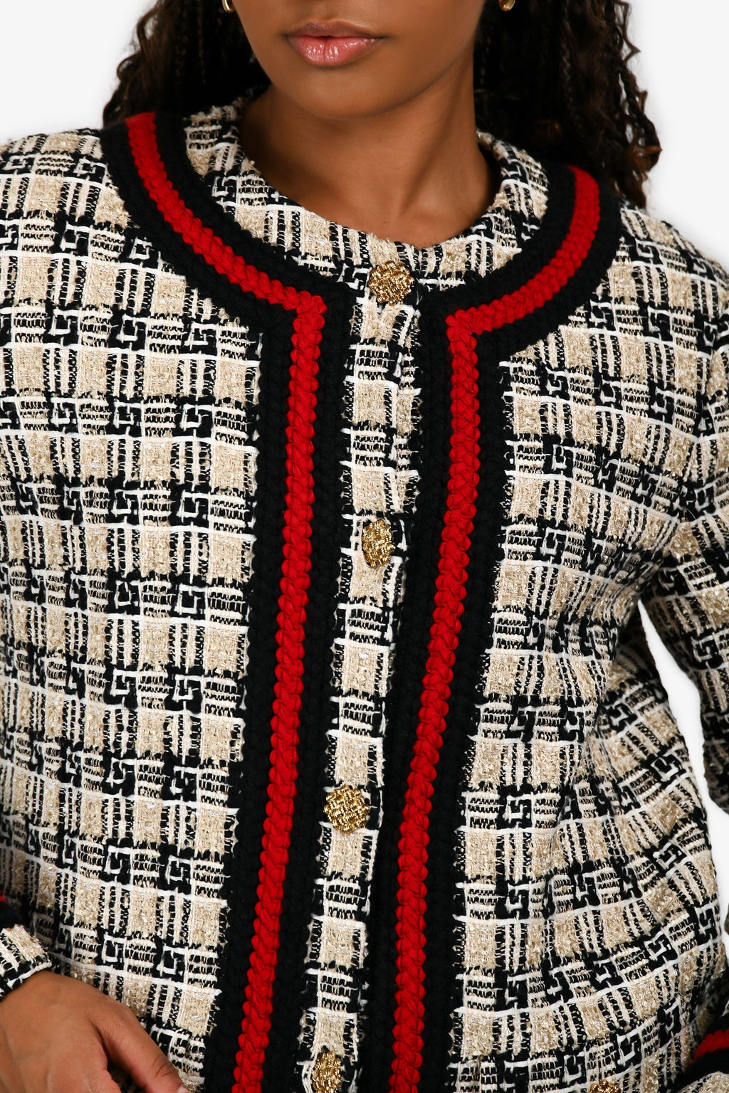 Gucci 2021 Cream/Navy/Red Trim Detail Tweed Jacket Size 44