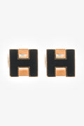 Hermès Gold Tone Metal/Black Enamel H Cube Earrings