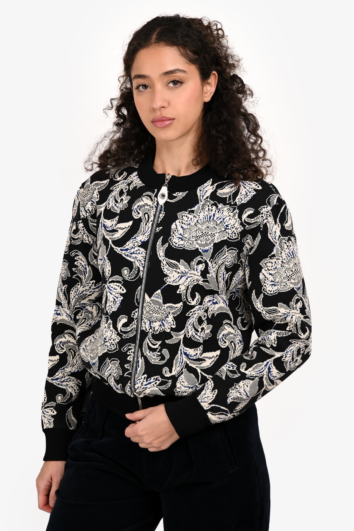 Louis Vuitton 2017 Black/White Knit Zip-Up Floral Bomber Jacket Size S