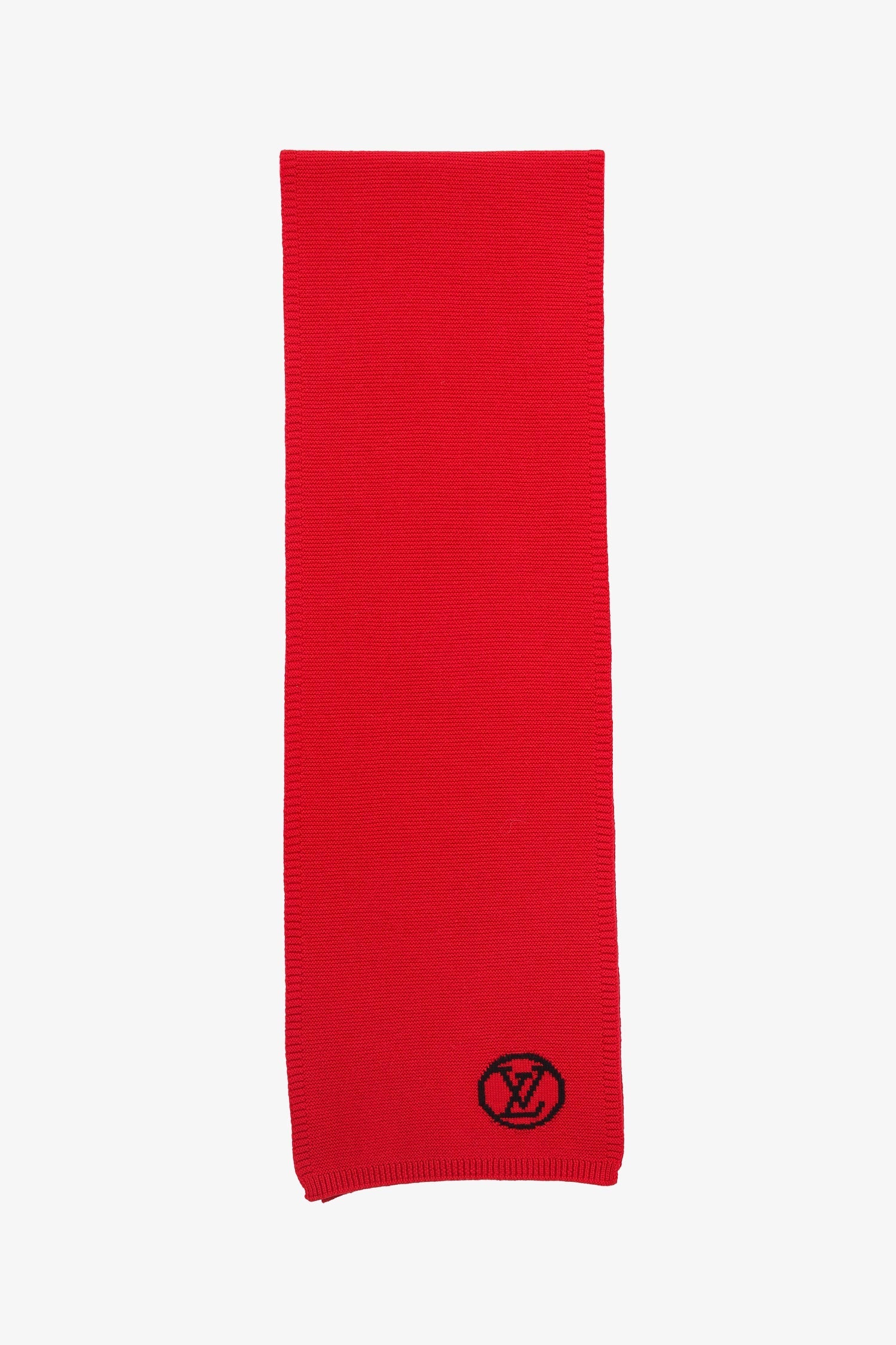 Louis Vuitton Red Wool Knit 'LV' Embroidered Scarf