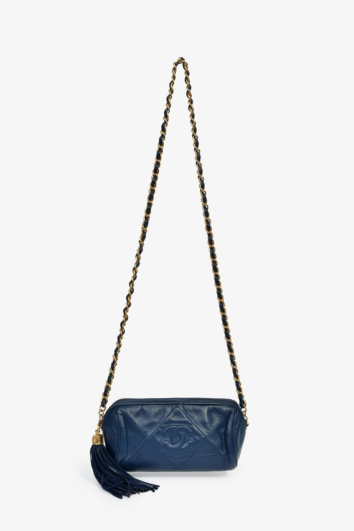 Pre-Loved Chanel™ 1986-88 Navy Lambskin Leather Tassel CC Mini Barrel Bag Mini GHW