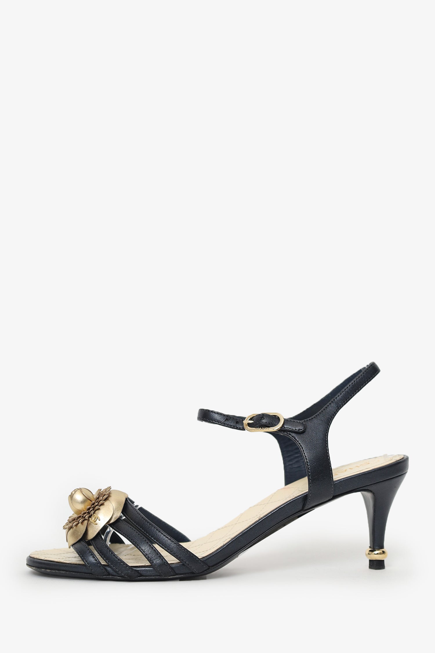Pre-Loved Chanel™ Black Leather Camellia Applique Ankle Strap Sandals Size 38
