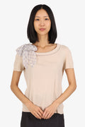 Louis Vuitton Cream Knit Short Sleeve Top With Silk Damier Scarf Size S