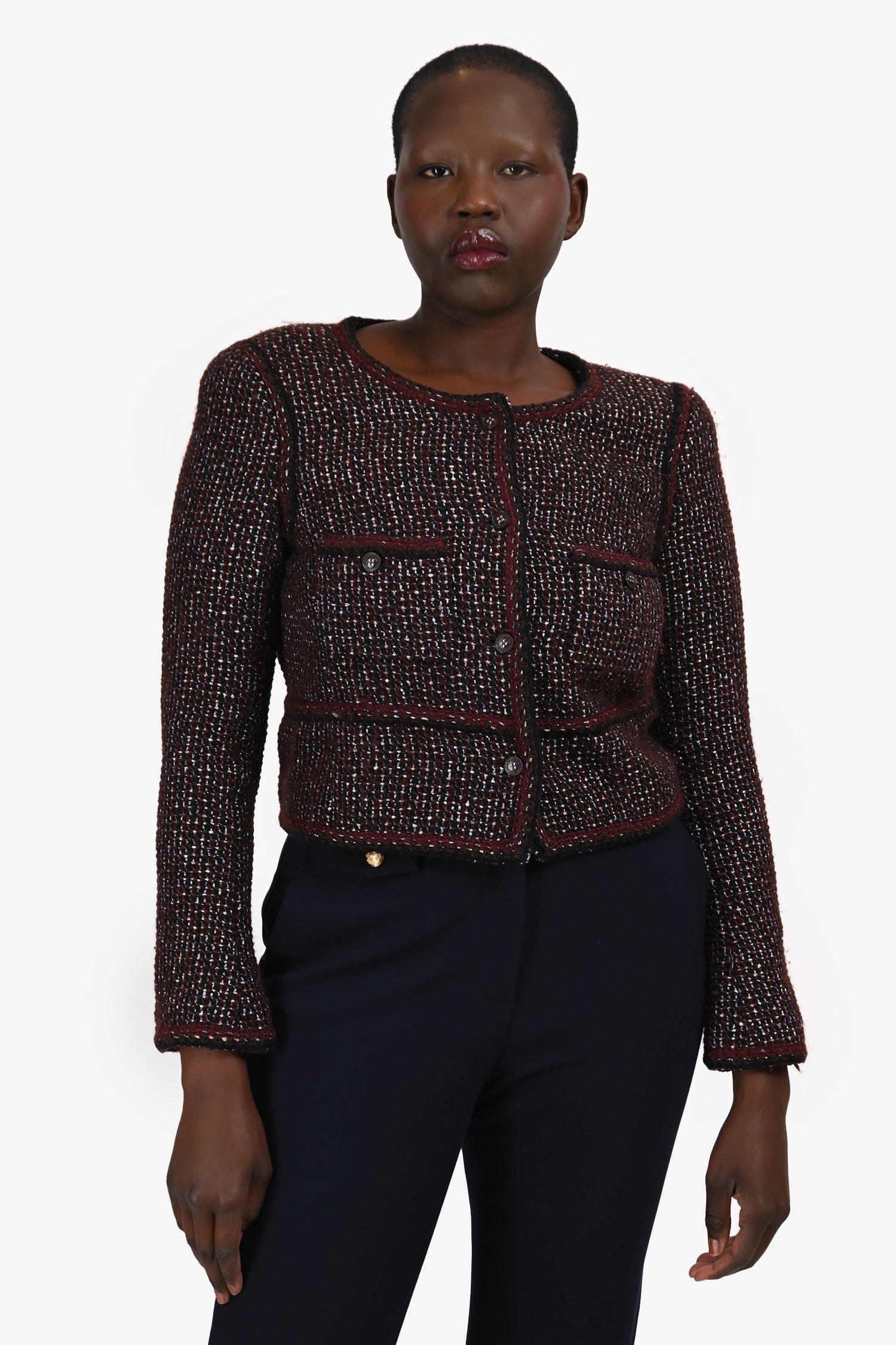 Pre-Loved Chanel™ 2002 Burgundy Wool Tweed Jacket Size 40