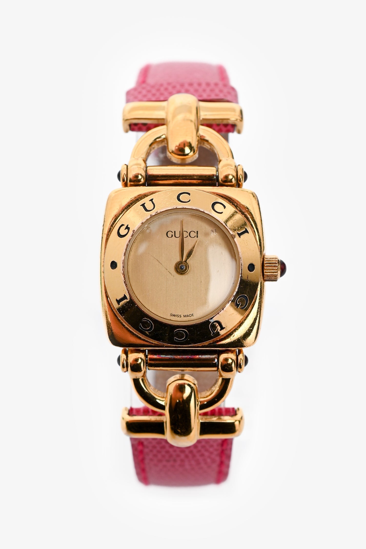 Gucci Vintage Gold Tone Metal/Pink Lizard Embossed Strap Watch