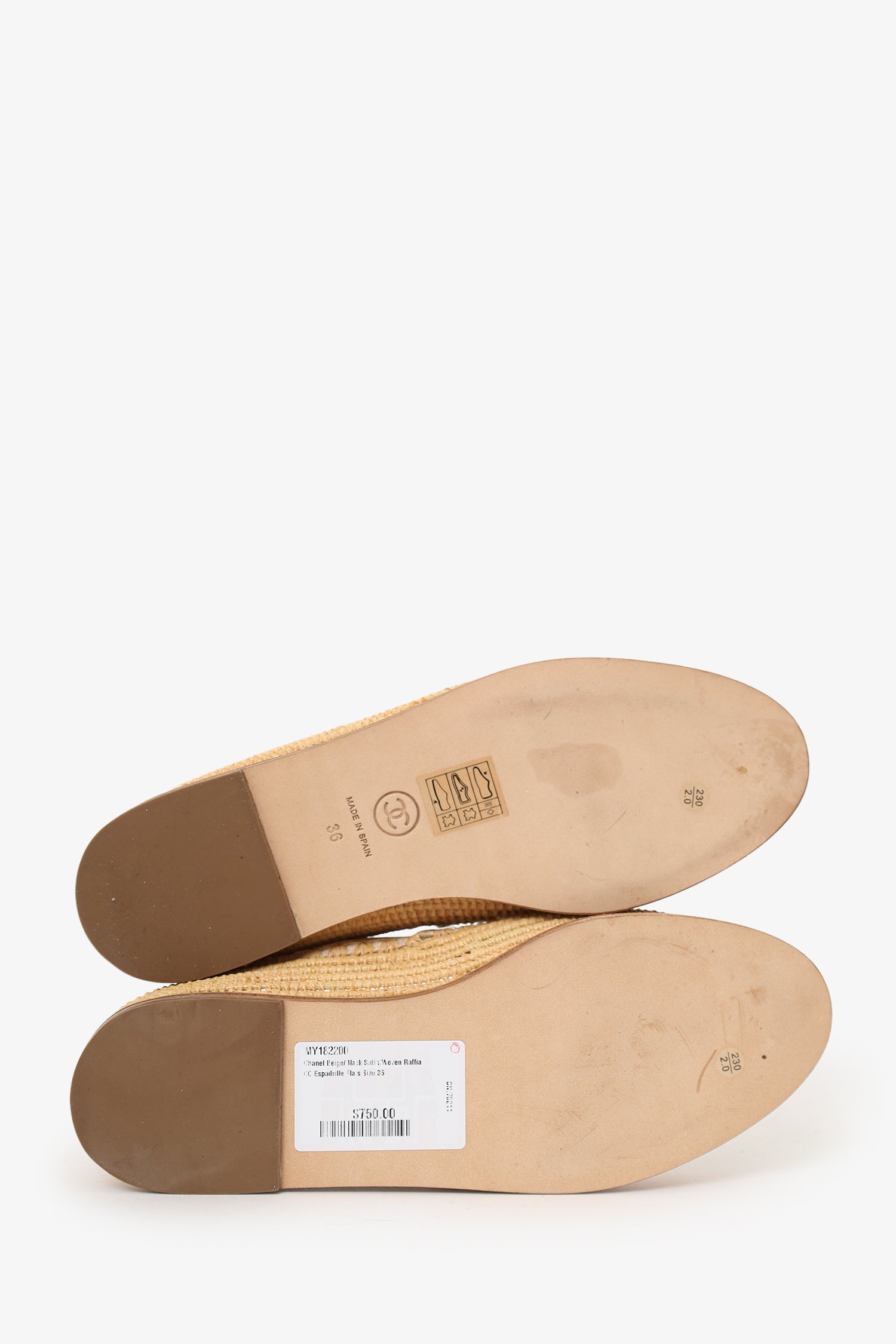 Pre-Loved Chanel™ Beige/Black Satin/Woven Raffia CC Espadrille Flats Size 36