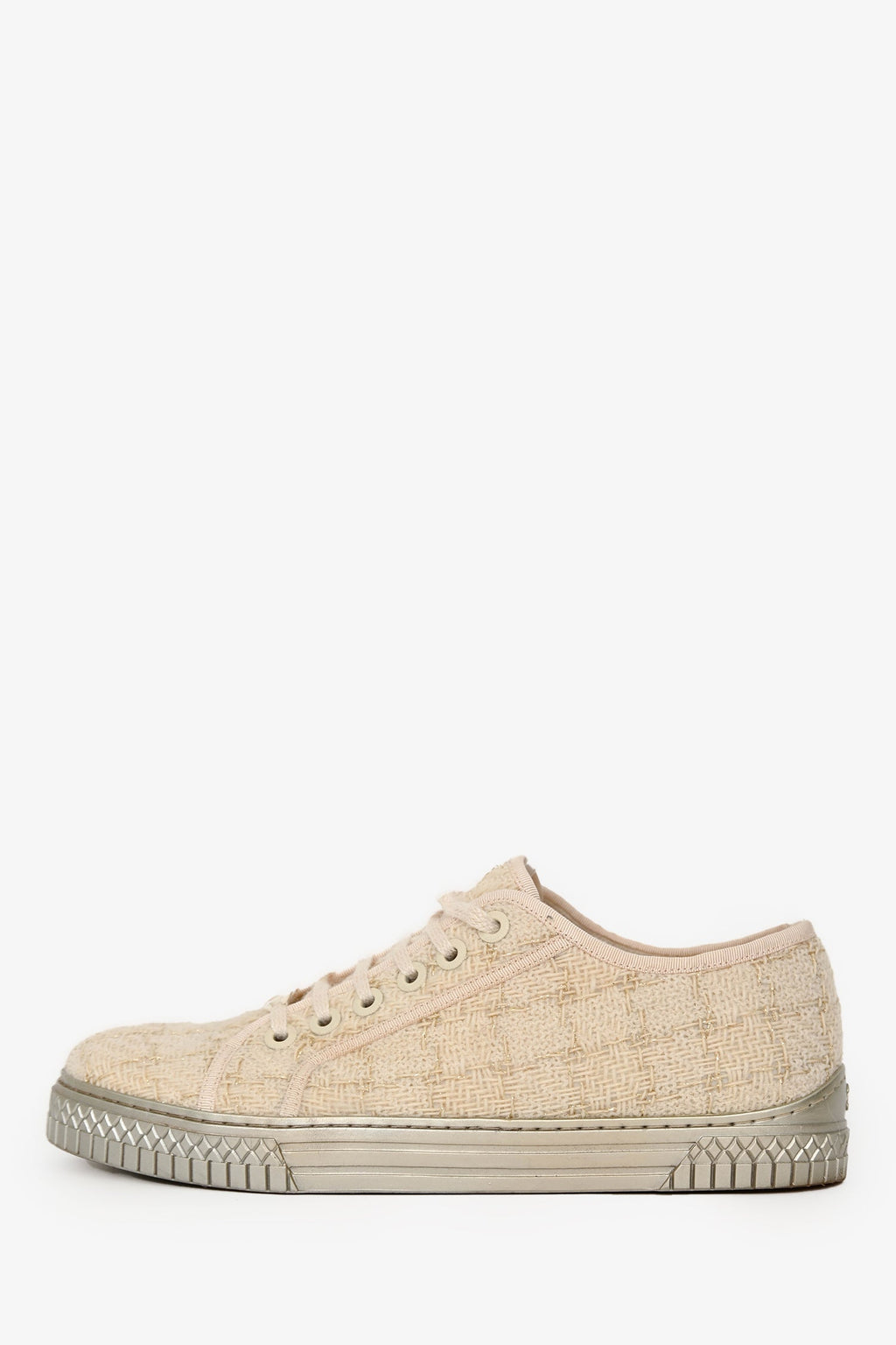 Pre-Loved Chanel™ Cream/Slilver Tweed Lace Up Sneaker Size 41