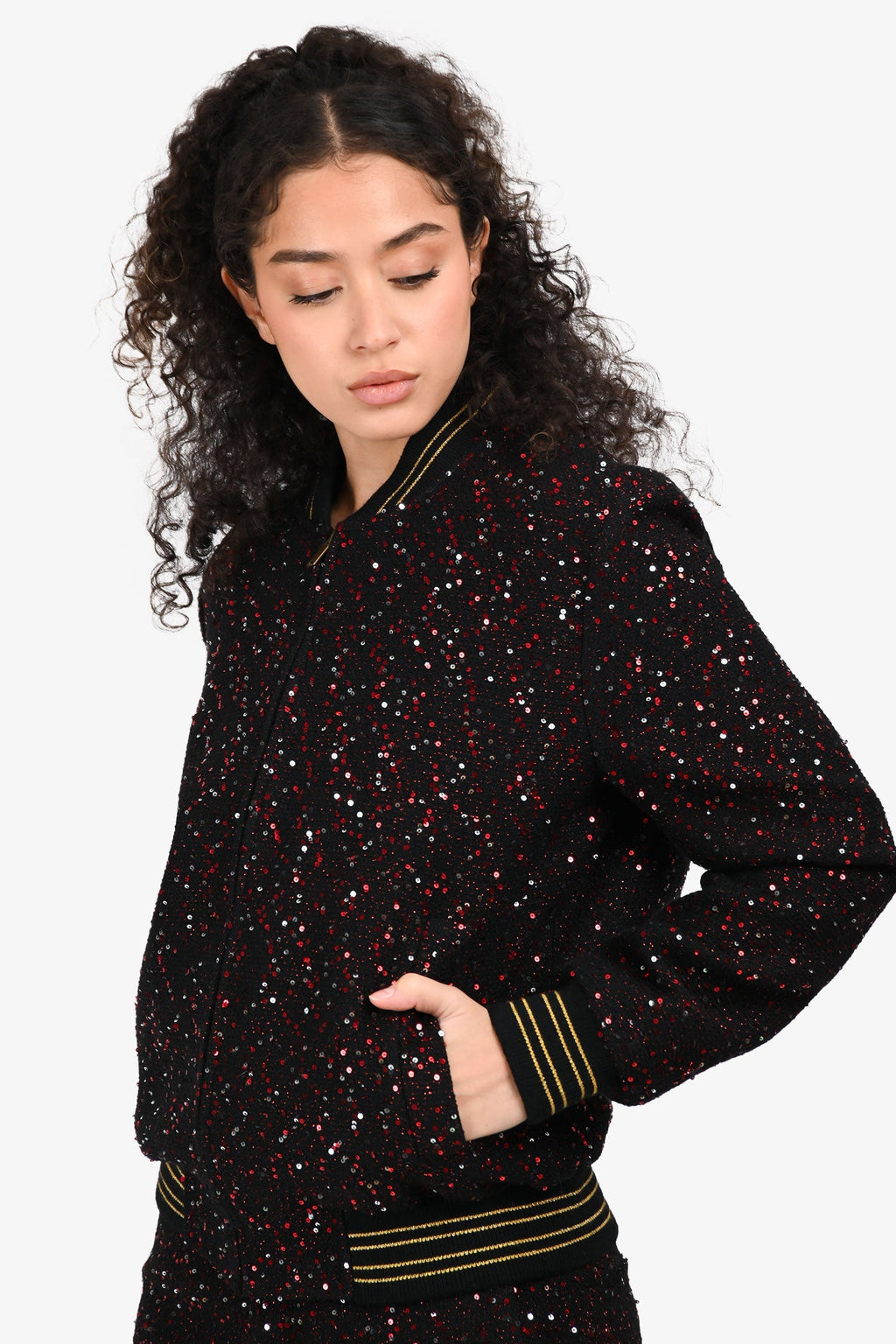 Saint Laurent 2018 Black/Red Sequin Bomber Jacket Size F38 Mens