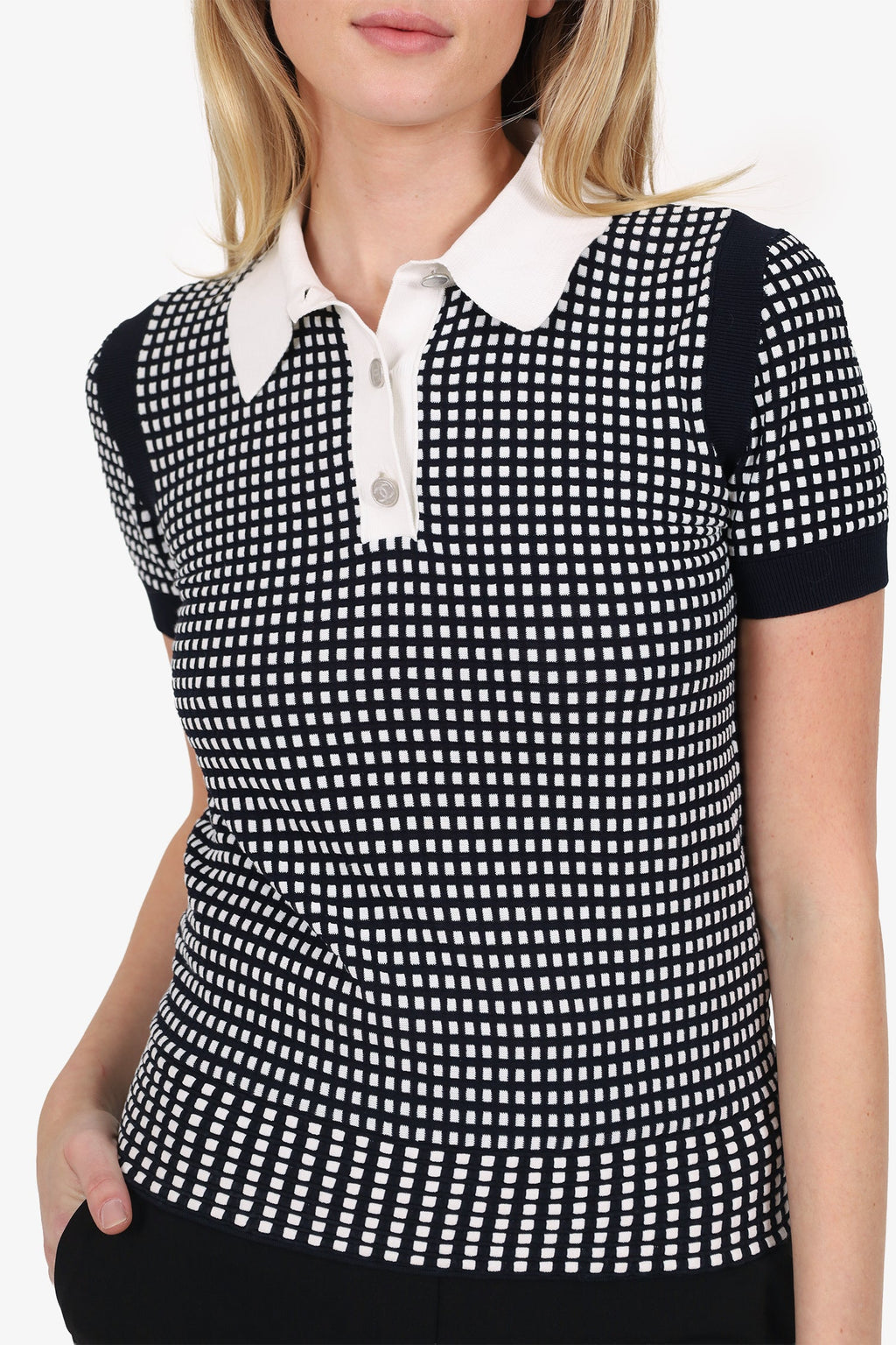 Pre-Loved Chanel™ Black/White Knit Short Sleeve Polo Top Size 34