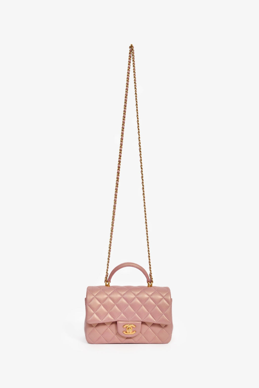 Pre-Loved Chanel™ 2021P Rose Iridescent Quilted Lambskin Mini Rectangle Top Handle