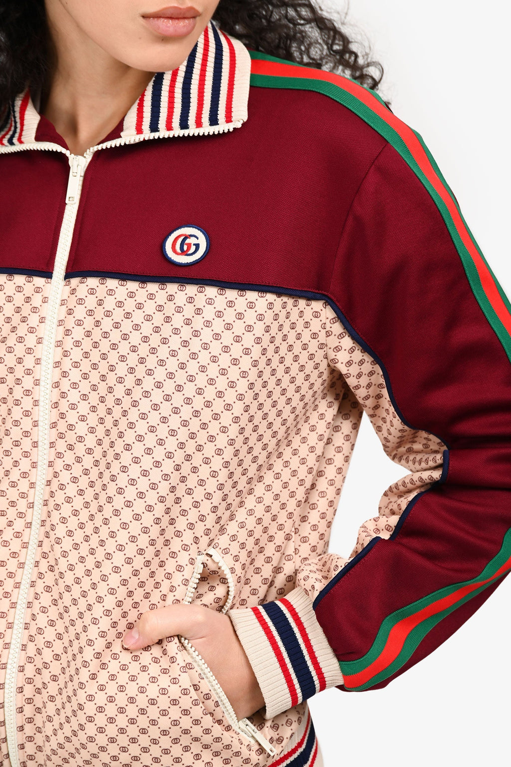Gucci Cream/Burgundy GG Web Sleeve Zip Up Track Jacket Size XS