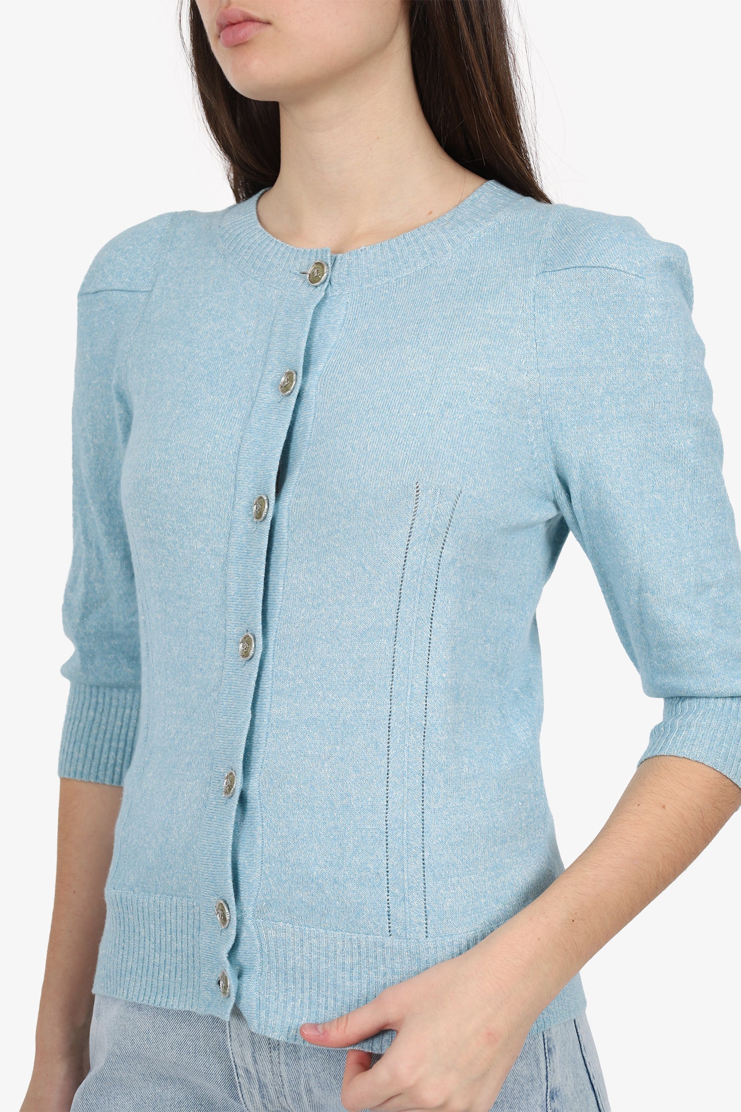 Pre-Loved Chanel™ Blue Linen/Cashmere Knit igan Size 36