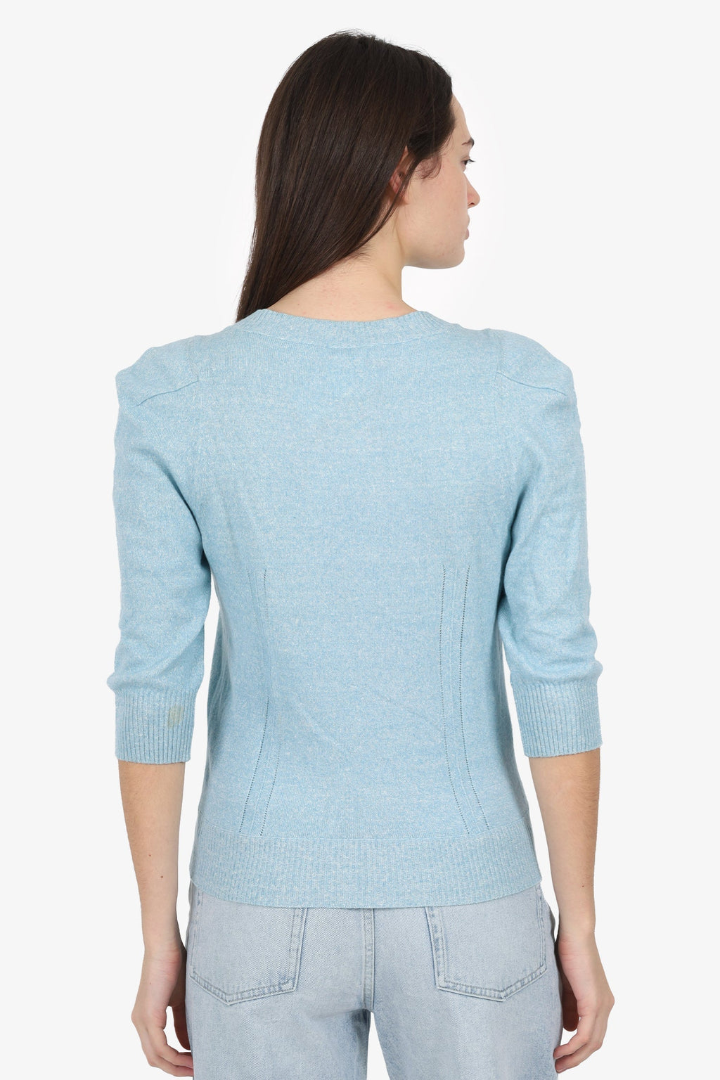 Pre-Loved Chanel™ Blue Linen/Cashmere Knit igan Size 36