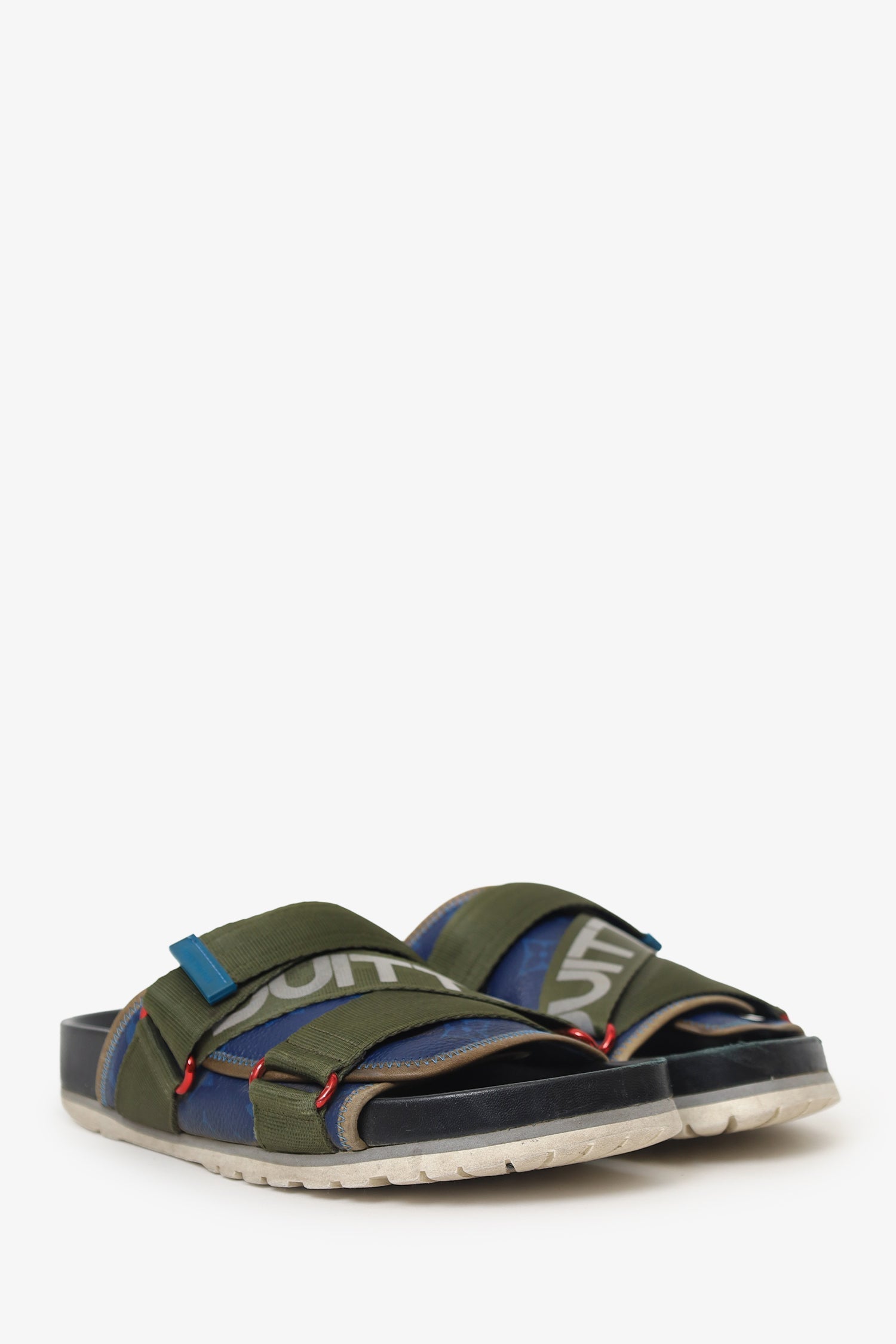 Louis Vuitton Green/Black Leather/Canvas Slides Size 5