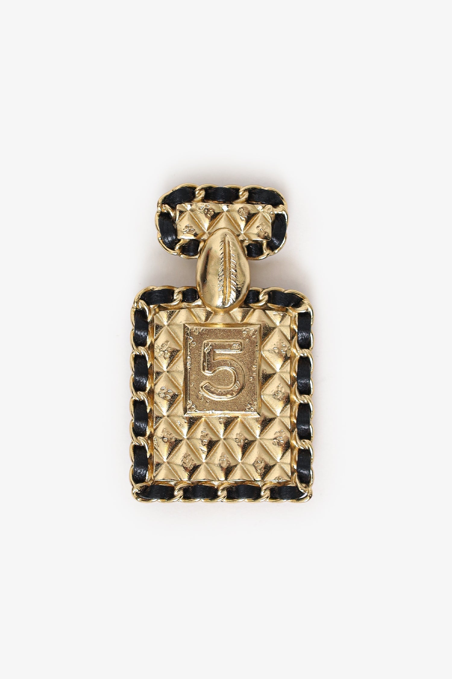 Pre-Loved Chanel™ B23 Gold Tone Leather Interlaced No.5 Perfume Bottle Brooch