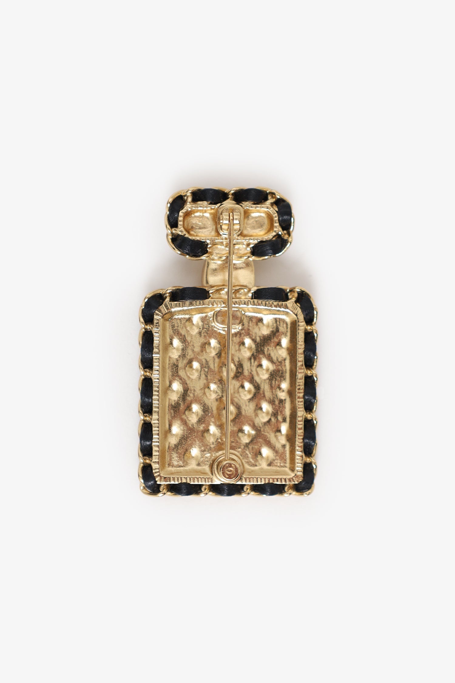 Pre-Loved Chanel™ B23 Gold Tone Leather Interlaced No.5 Perfume Bottle Brooch