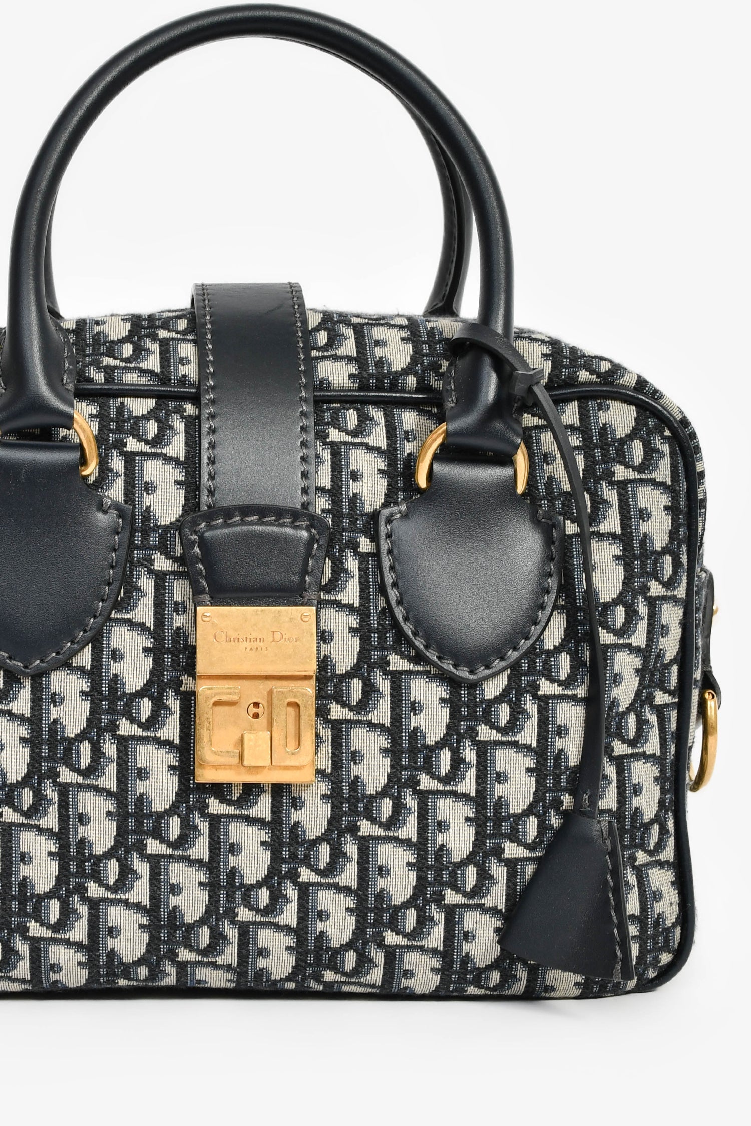 Christian Dior 2017 Navy Oblique Jacquard Bowling Bag with Strap