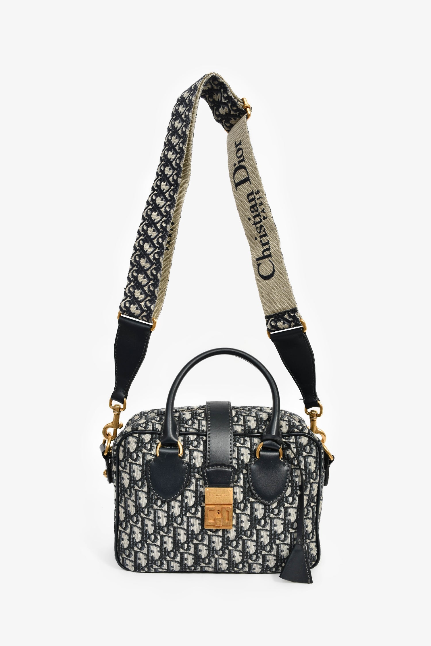 Christian Dior 2017 Navy Oblique Jacquard Bowling Bag with Strap