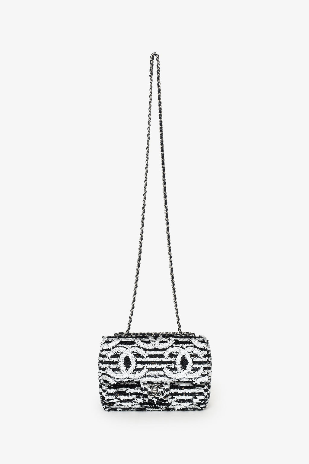 Pre-Loved Chanel™ 24S Black/White Sequins CC Mini Single Flap Bag