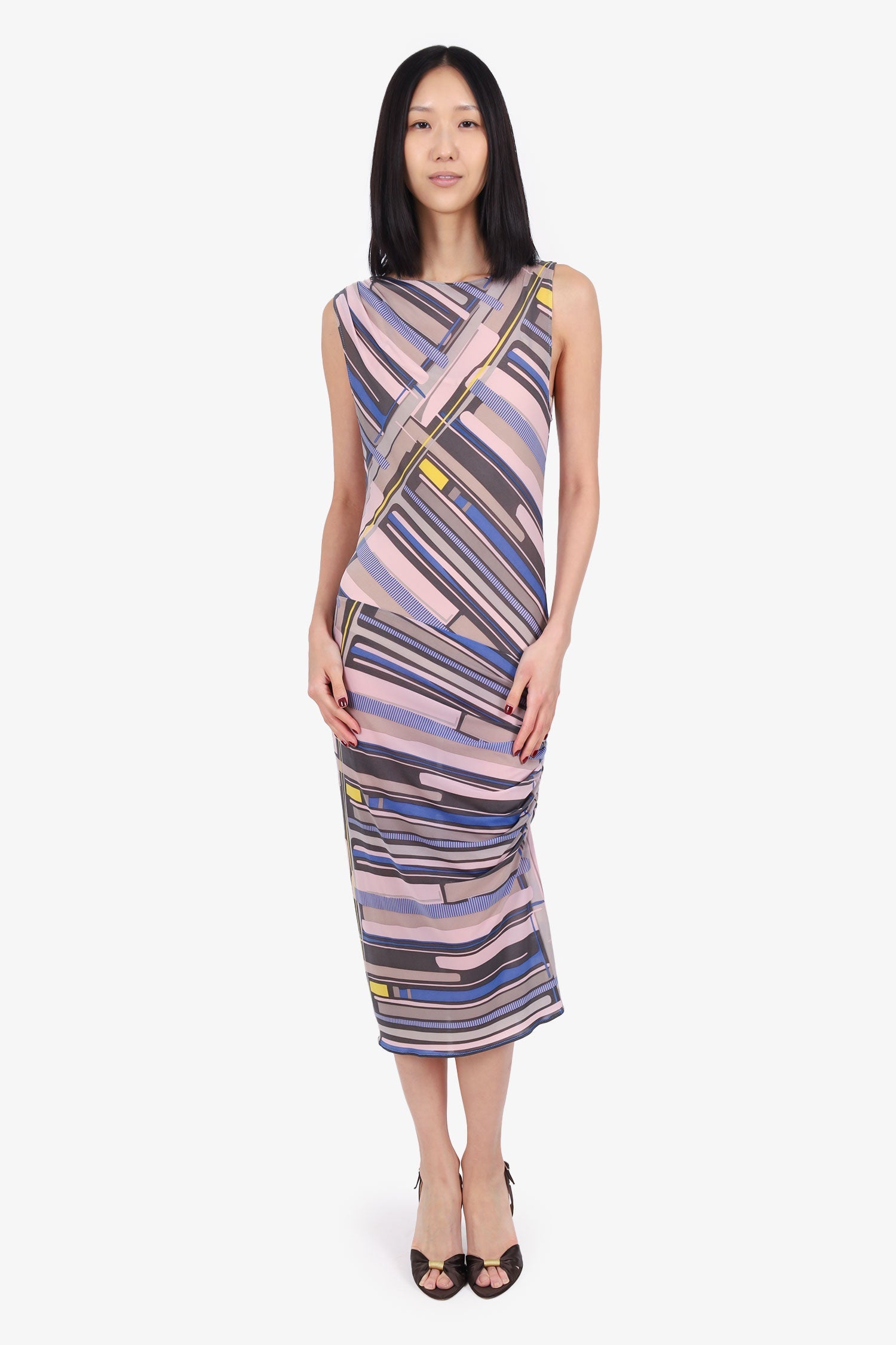 Pre-Loved Chanel™ 09C Pink/Multicolour Ruched Printed Sleeveless Dress Size 40