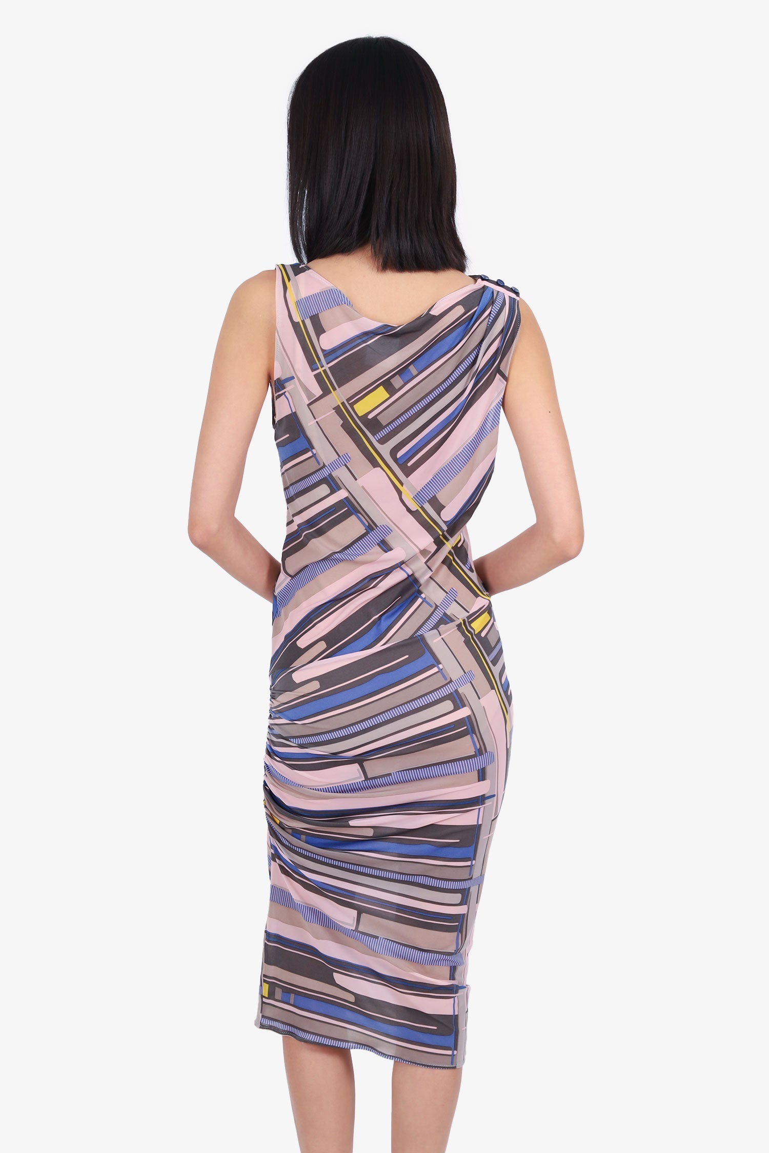 Pre-Loved Chanel™ 09C Pink/Multicolour Ruched Printed Sleeveless Dress Size 40