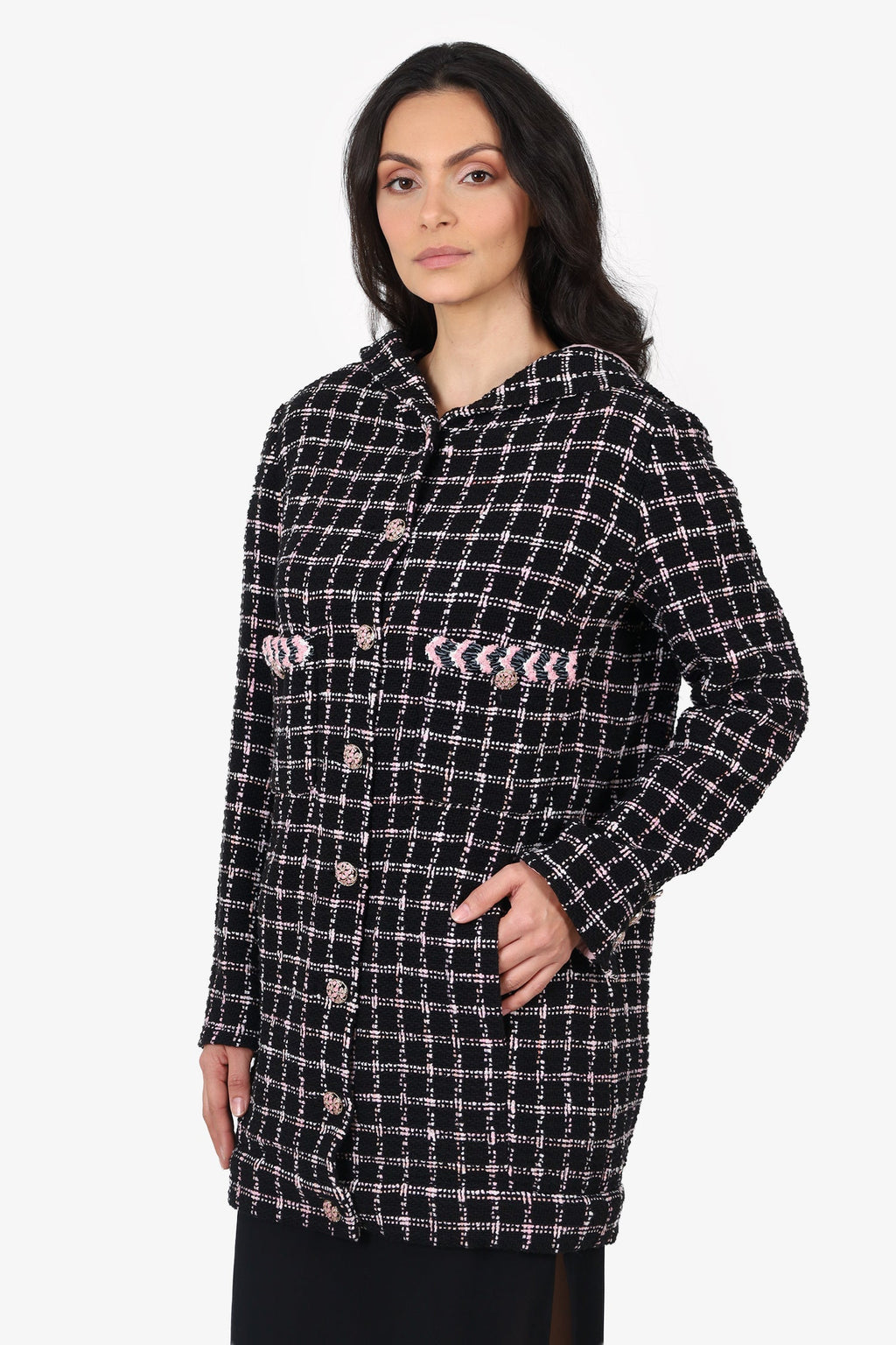 Pre-Loved Chanel™ 24S Black/Pink Tweed Coat With Hood Size 42