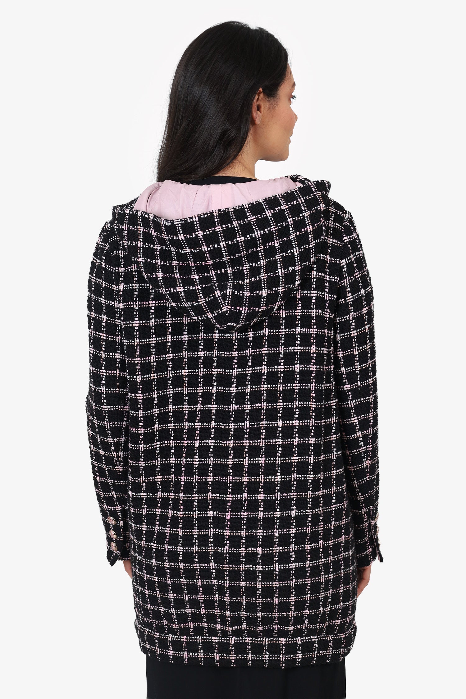 Pre-Loved Chanel™ 24S Black/Pink Tweed Coat With Hood Size 42