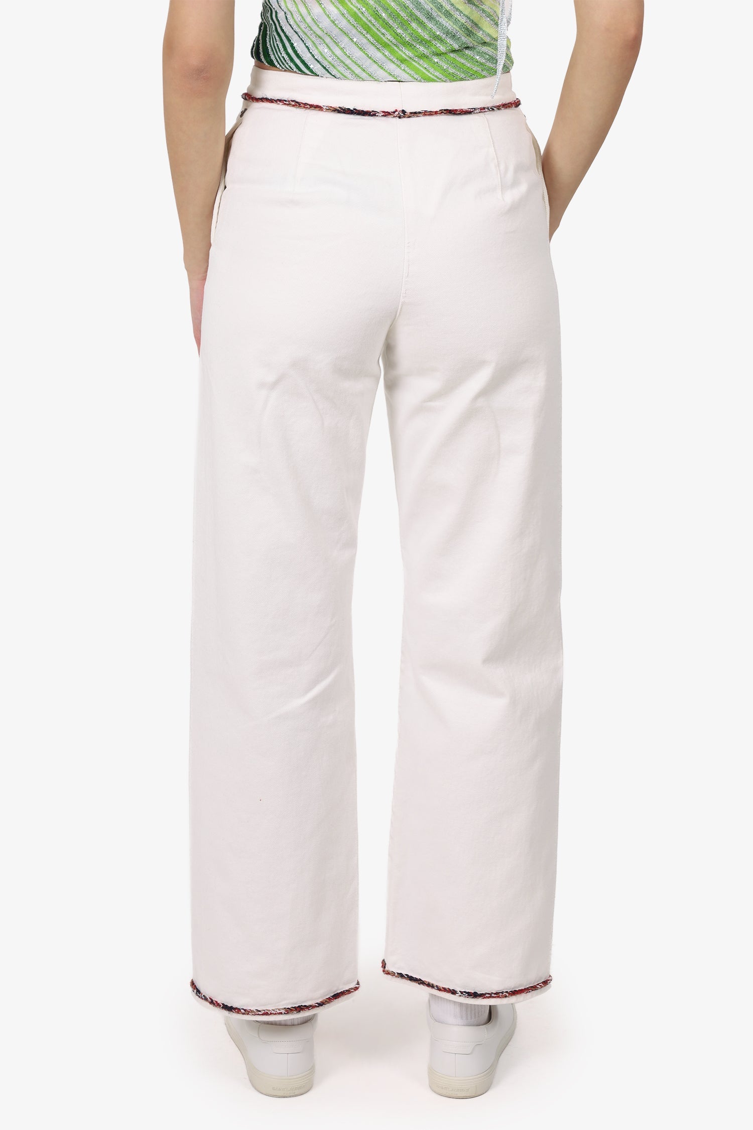 Pre-Loved Chanel™ White Denim Tweed Trimmed Wide Leg Jeans Size 38