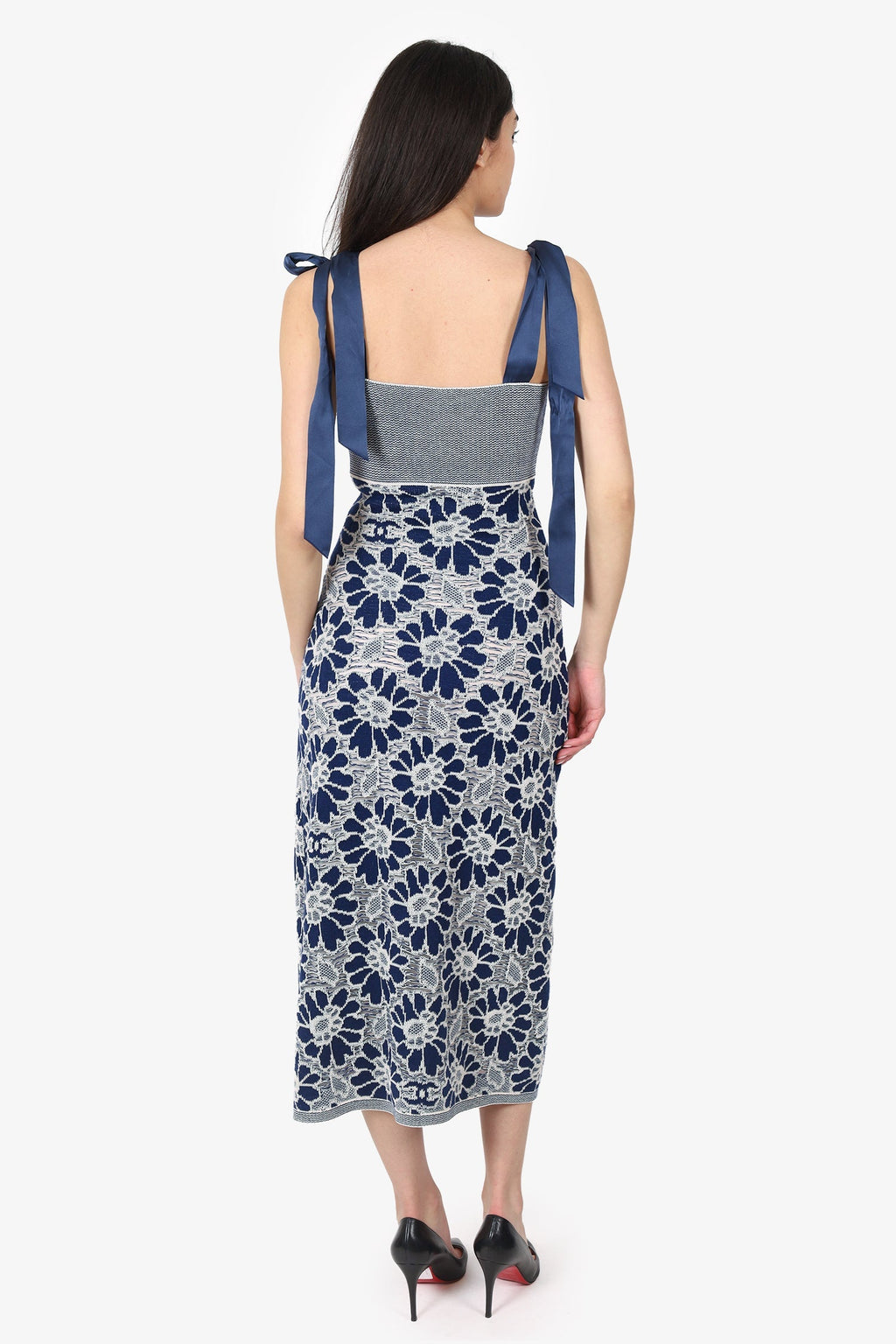 Pre-Loved Chanel™ 20P Navy Crochet Overlay Camelia Midi Sundress Size 38