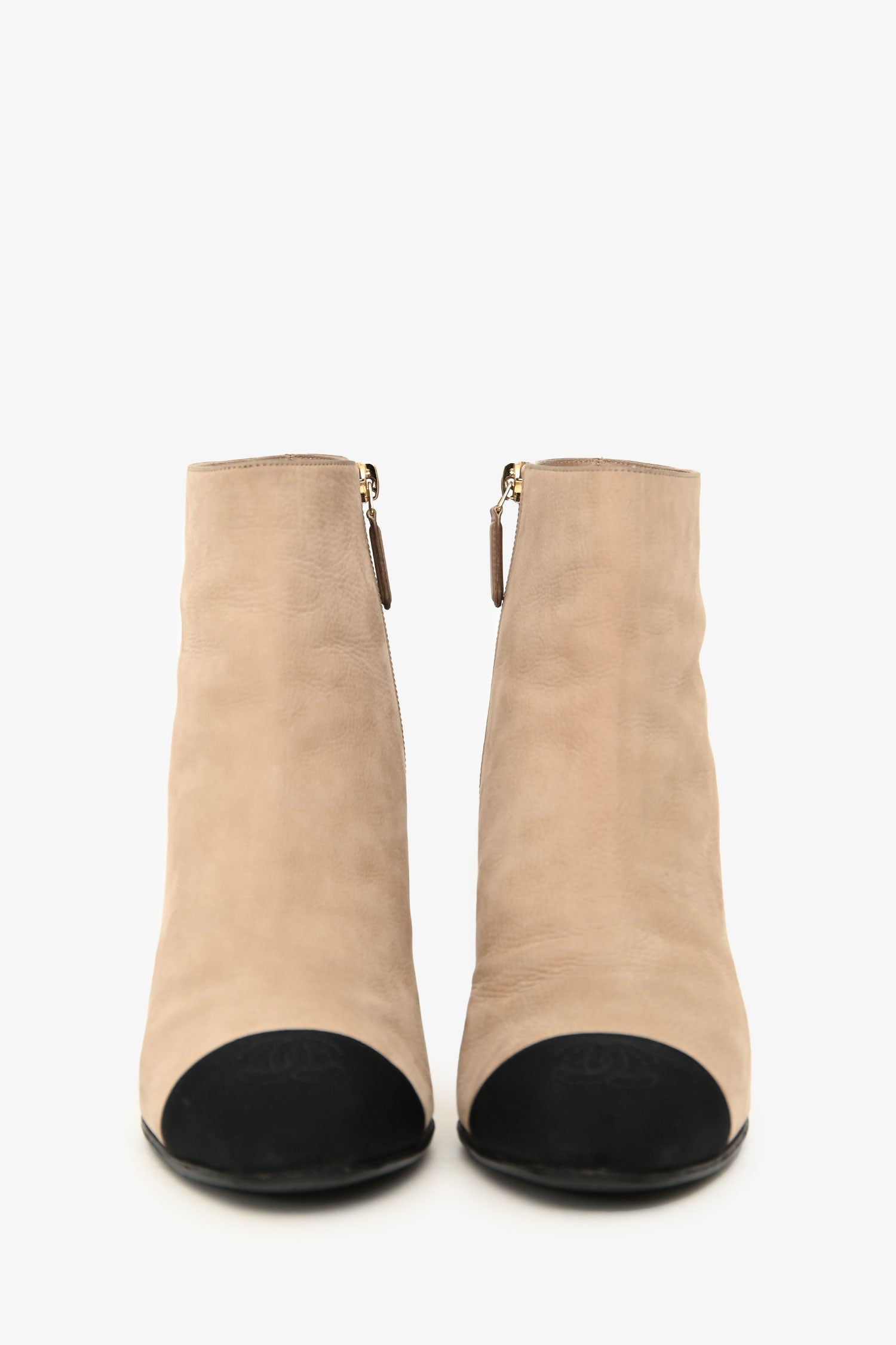 Pre-Loved Chanel Beige Black CC Cap Toe Pearl Heel Boots Size 39