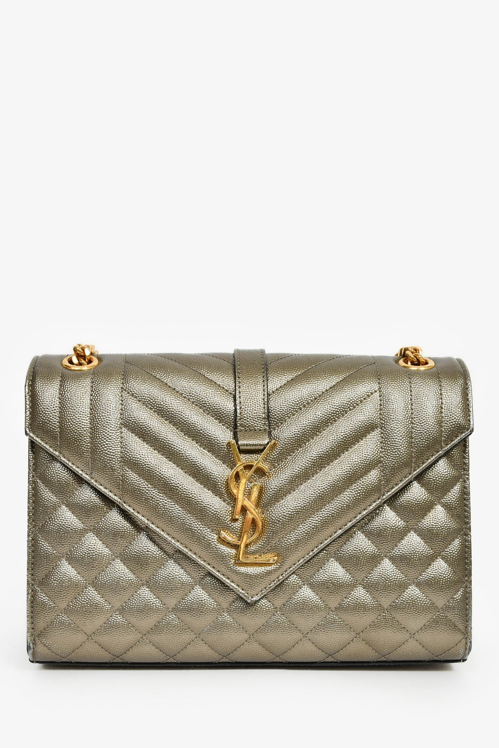 Saint Laurent Gunmetal Tri-Quilted Leather Envelope Chain Shoulder Bag