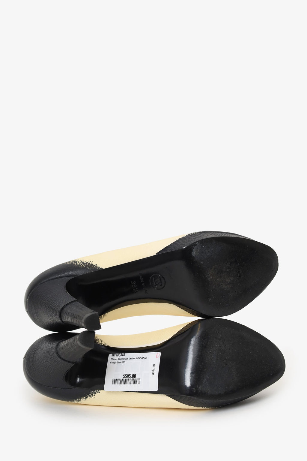 Pre-Loved Chanel™ Beige/Black Leather CC Platform Pumps Size 38.5
