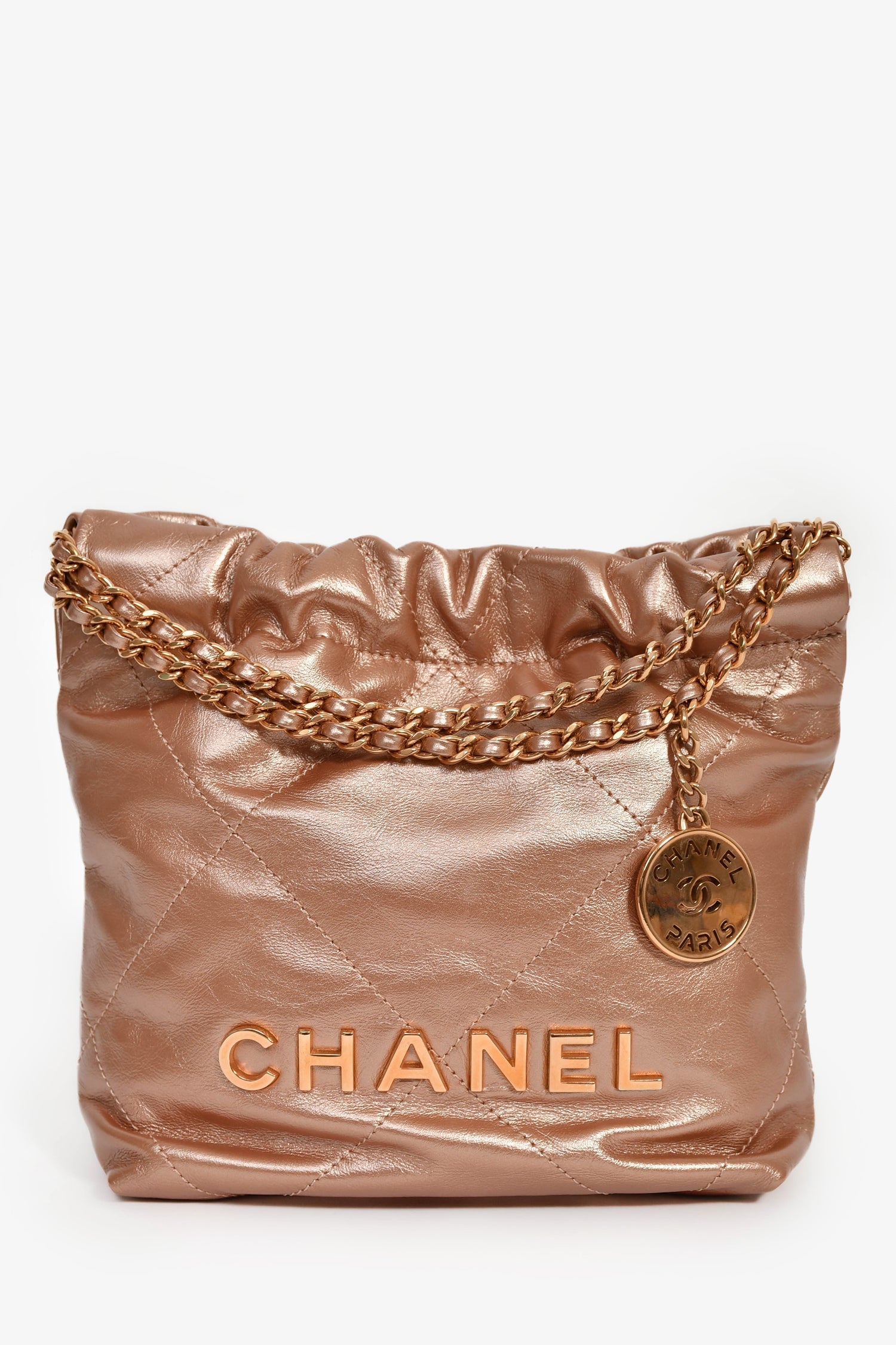 Pre-Loved Chanel™ 2021+ Rose Metallic Quilted Calfskin Mini Chanel 22 Hobo Bag
