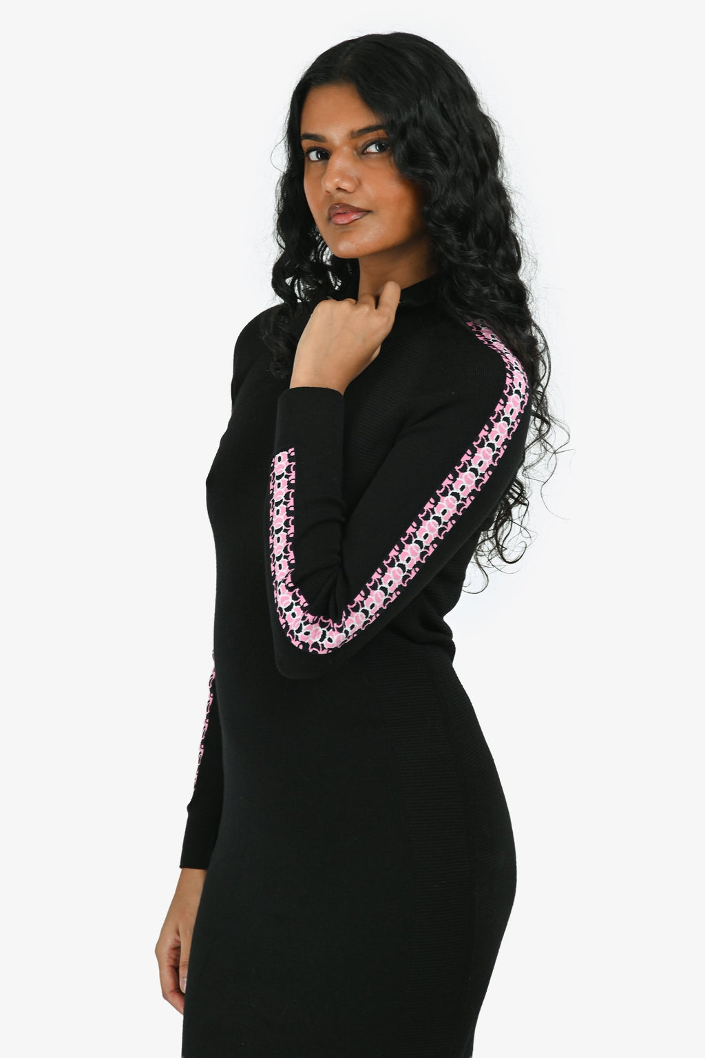 Pre-Loved Chanel™ Black Wool Blend Knit Quarter Zip Logo Long Sleeve Dress Size 36