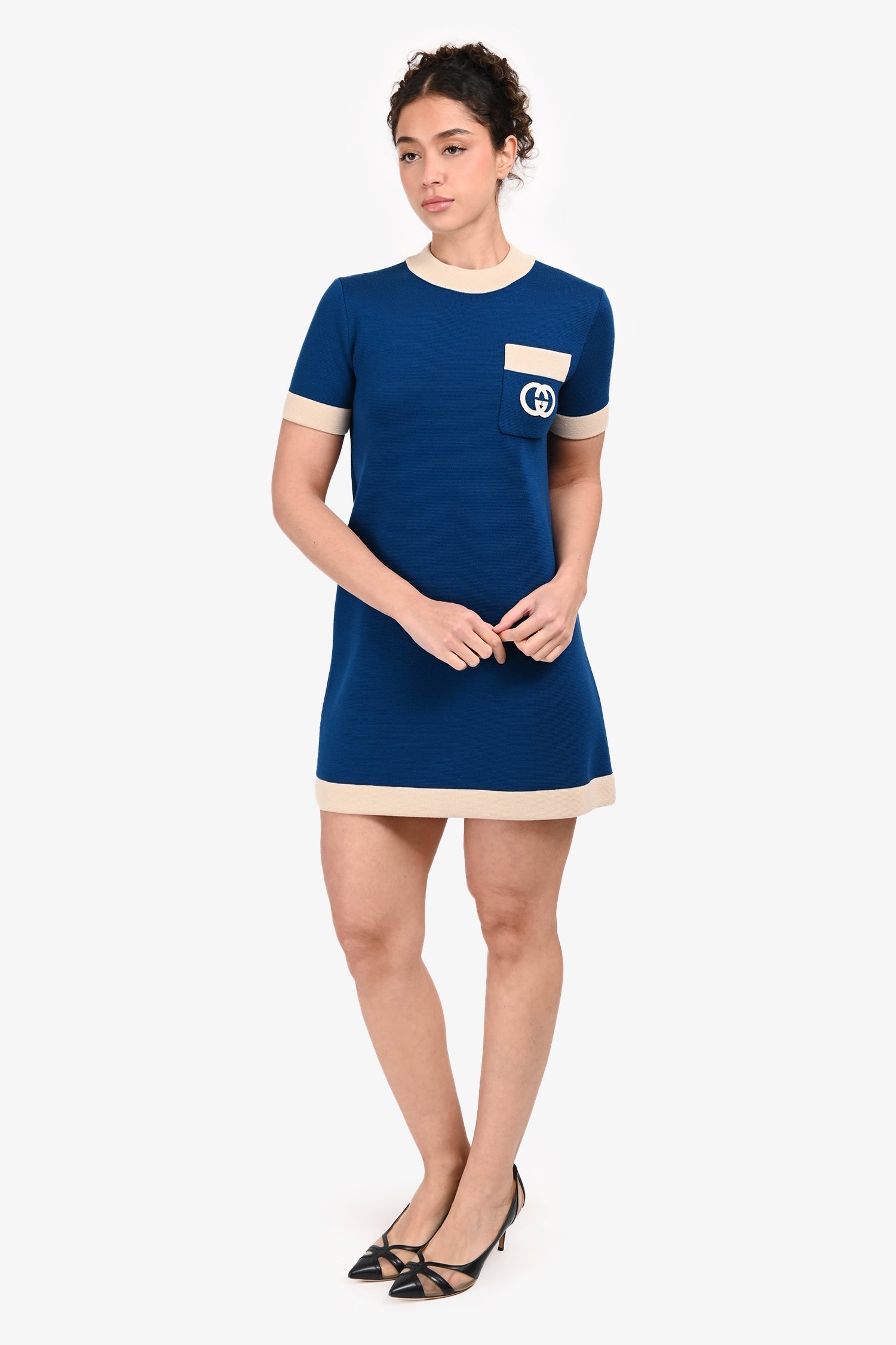 Gucci Blue/Cream GG Logo Short Sleeve Dress Size XS