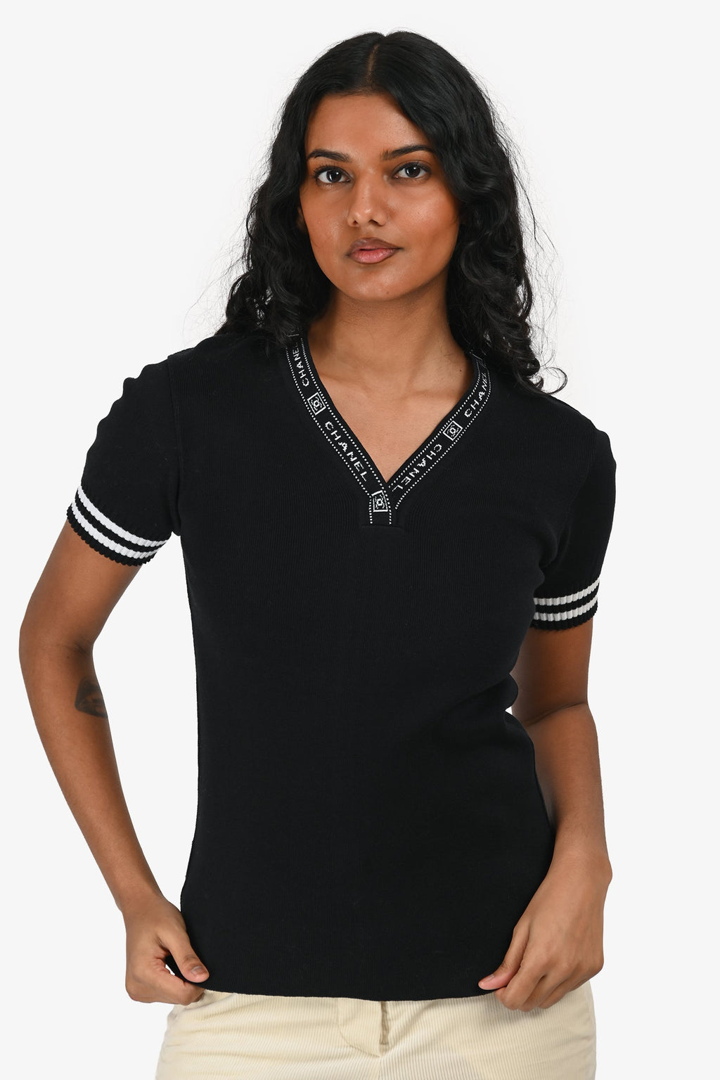 Pre-Loved Chanel Black/White Knit Logo V-Neck Top Size 36