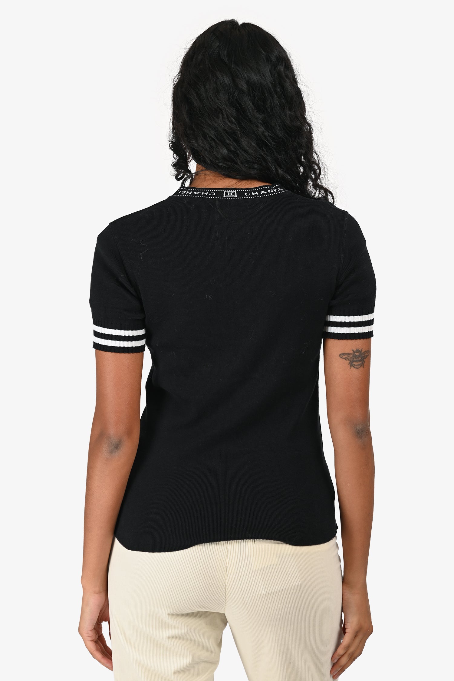 Pre-Loved Chanel Black/White Knit Logo V-Neck Top Size 36