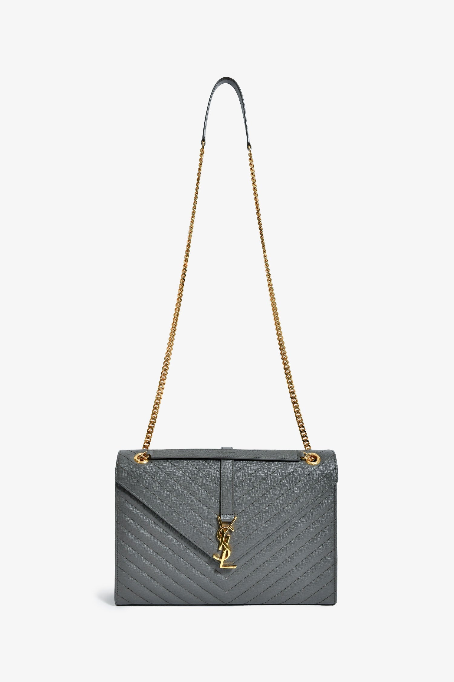 Saint Laurent Grey Chevron Leather Envelope Large Chain Shoulder Bag