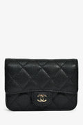 Pre-Loved Chanel™ 2021+ Black Caviar Leather Small Flap  Holder On Chain Champagne Hardware