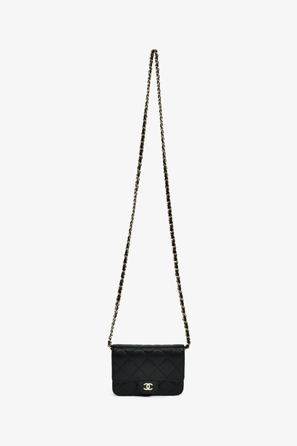 Pre-Loved Chanel™ 2021+ Black Caviar Leather Small Flap  Holder On Chain Champagne Hardware