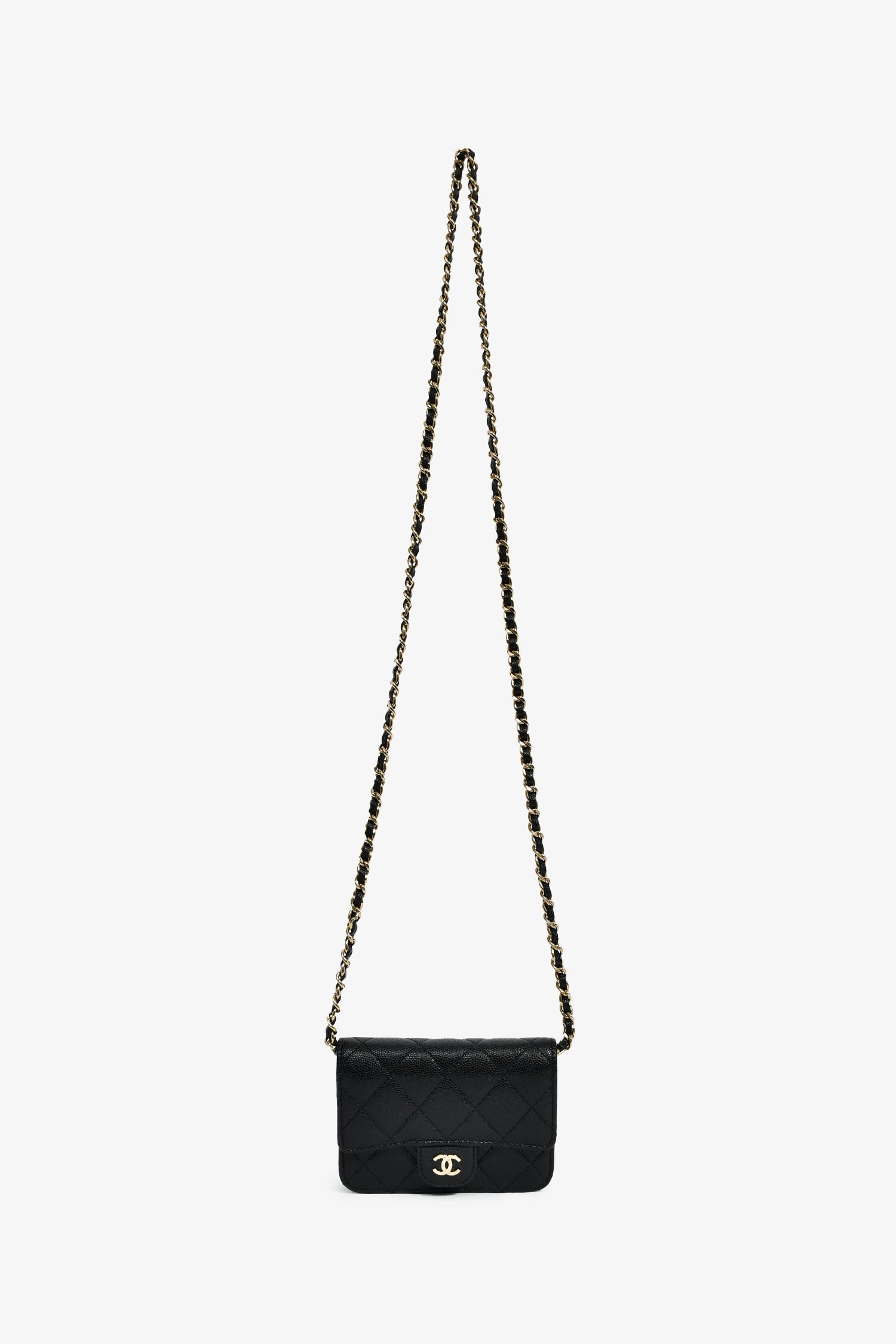 Pre-Loved Chanel™ 2021+ Black Caviar Leather Small Flap  Holder On Chain Champagne Hardware