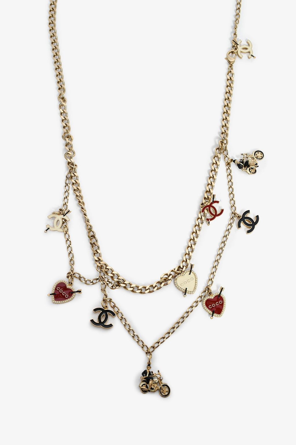 Pre-Loved Chanel™ 2010 Gold Toned Black/White/Red Enamel 'Coco Rider' Charm Chain Belt