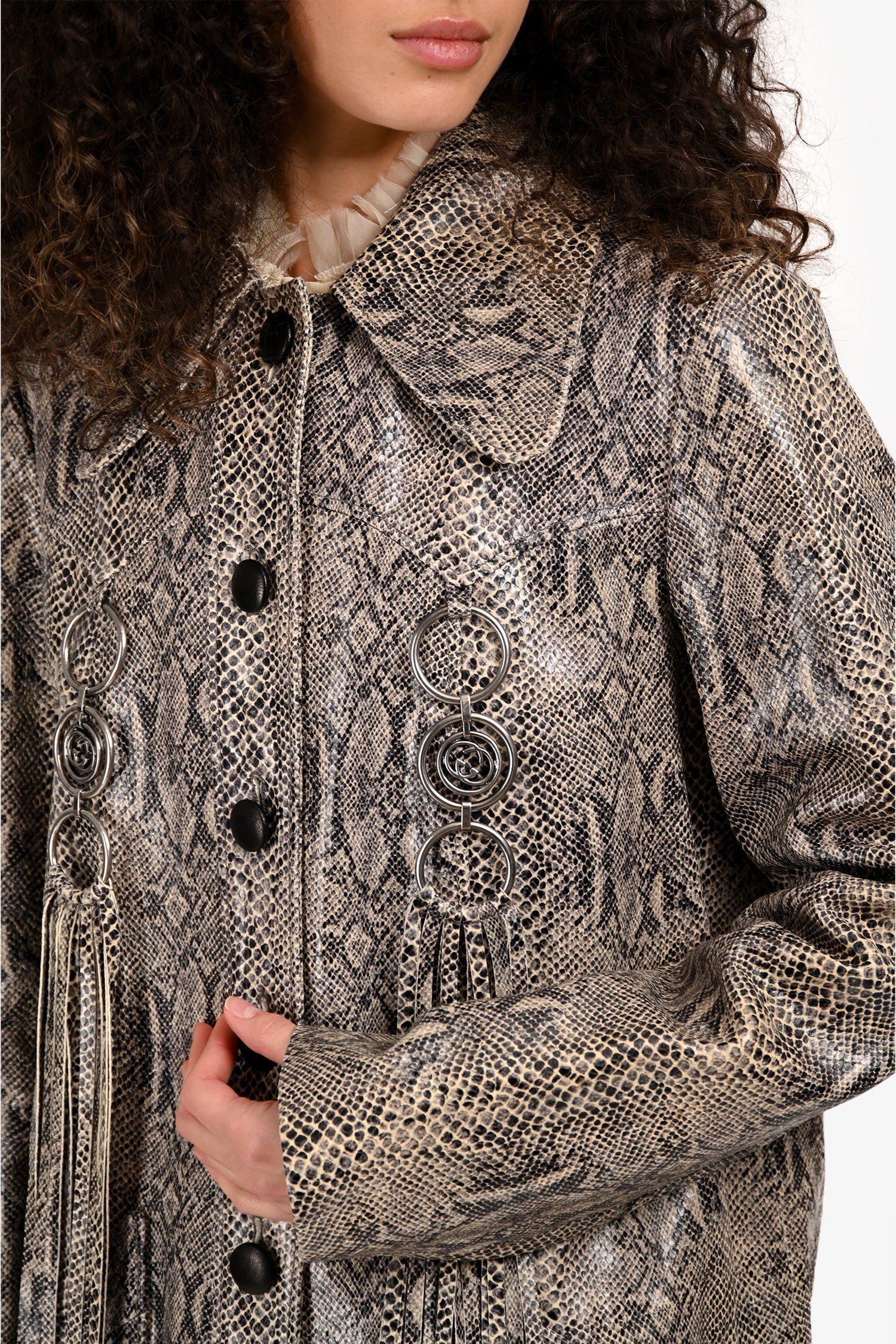 Gucci 2020 Grey Python Print Fringe Trim Trench Coat Size 44