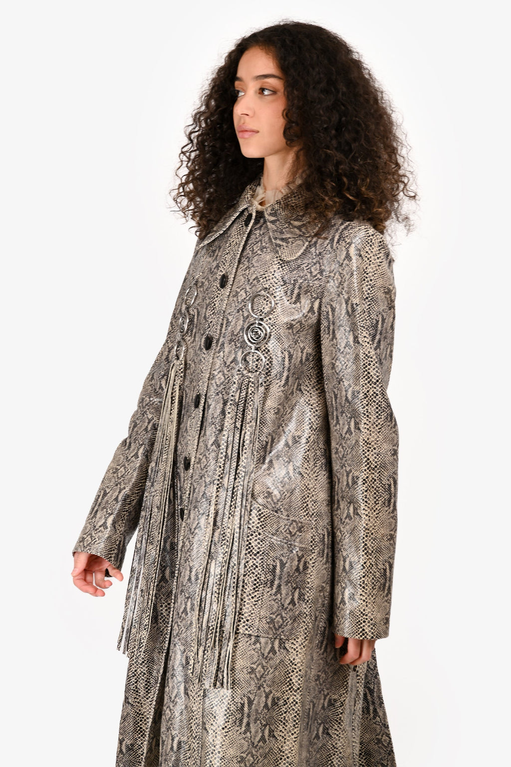 Gucci 2020 Grey Python Print Fringe Trim Trench Coat Size 44