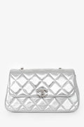 Pre-Loved Chanel™ 2025 Silver Leather Quilted 'O' Phone Holder with Chain