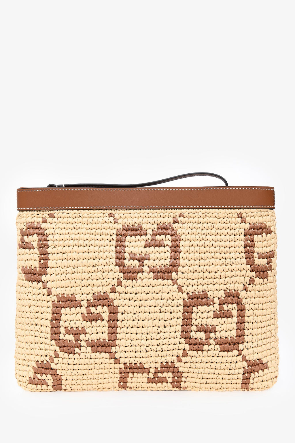 Gucci Brown Raffia Monogram Leather Trim Large Zip Wristlet