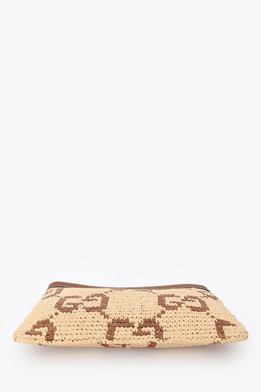 Gucci Brown Raffia Monogram Leather Trim Large Zip Wristlet